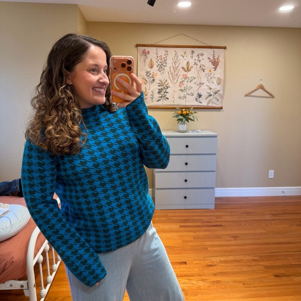 Ann Taylor Blue Green Houndstooth Turtleneck Sweater Large